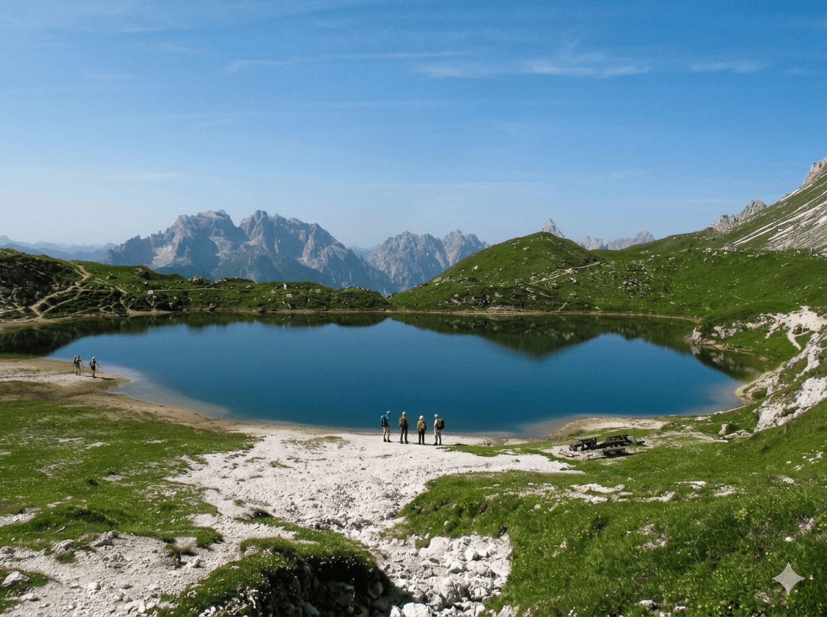 Persone sul lago durante la settimana verde di trekking a Sappada con Strike Adventure
